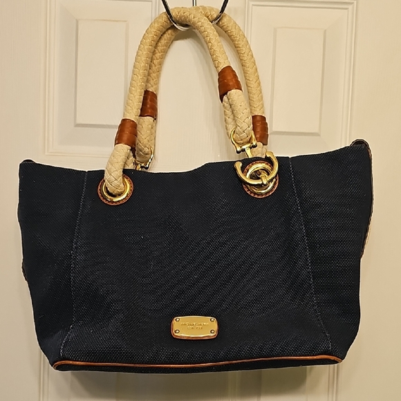 Michael Kors Handbags - Michael Kors Navy Canvas Tote with Cream Rope Handles and Gold-Tone Hardware